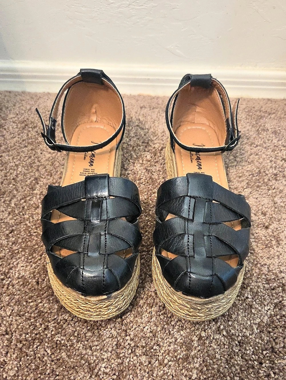 Macarena  Espadrille Platform Sandals in Black Leather